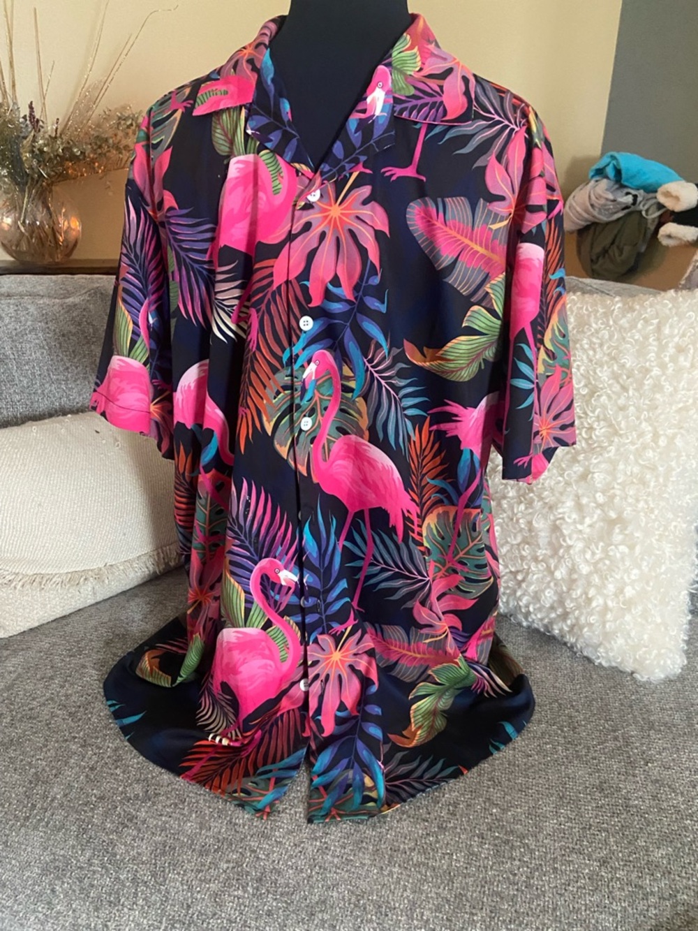 Casual Button-Down Shirt - Pink Flamingo Tropical Print